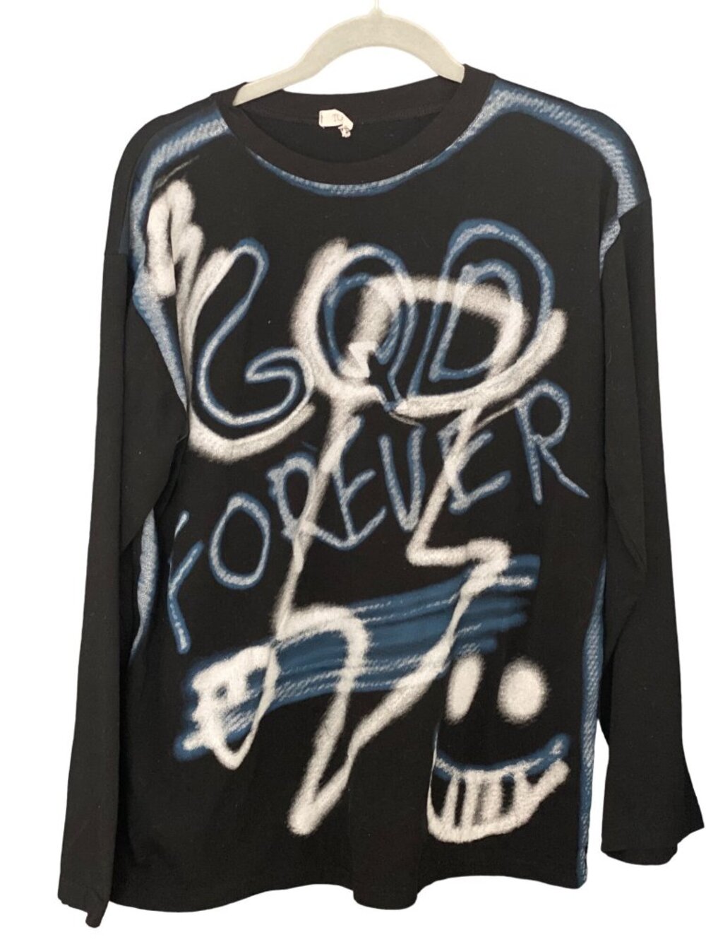Tom God Forever Next stop garment club Black Long Sleeve Shirt White Blue M